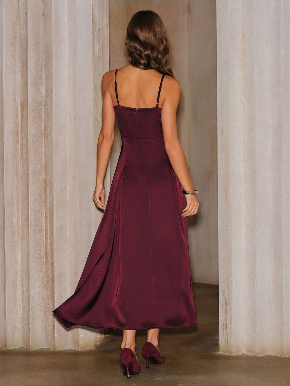 Satin Slip Midi Dress in Deep Burgundy - Picture 2 of 5